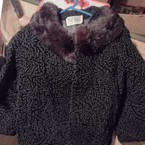 Franklin Simon Vintage Curly Lamb Womens Jacket, With Fur Collar. Good Condition
